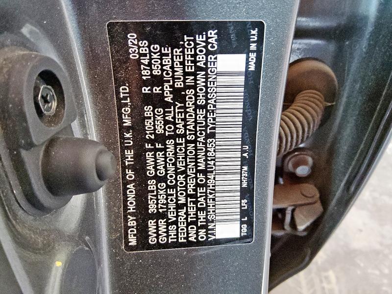 SHHFK7H94LU418453 - 2020 HONDA CIVIC SPORT TOURING GRAY photo 12