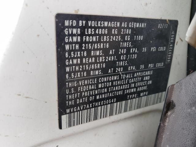 WVGAV7AX7HK030540 - 2017 VOLKSWAGEN TIGUAN S WHITE photo 13