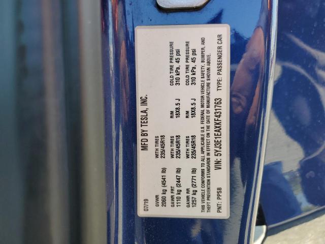 5YJ3E1EAXKF431763 - 2019 TESLA MODEL 3 أزرق صورة 13
