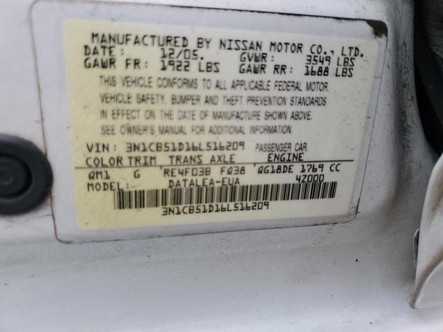 3N1CB51D16L516209 - 2006 NISSAN SENTRA 1.8 WHITE photo 12