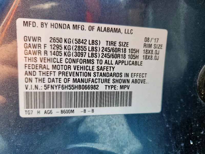 5FNYF6H55HB066982 - 2017 HONDA PILOT EXL BLUE photo 13