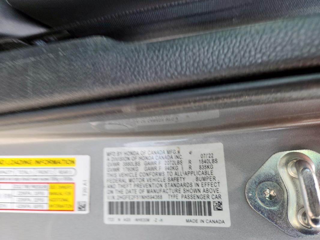 2HGFE2F51NH594368 - 2022 HONDA CIVIC SPORT ვერცხლისფერი ფოტო 12