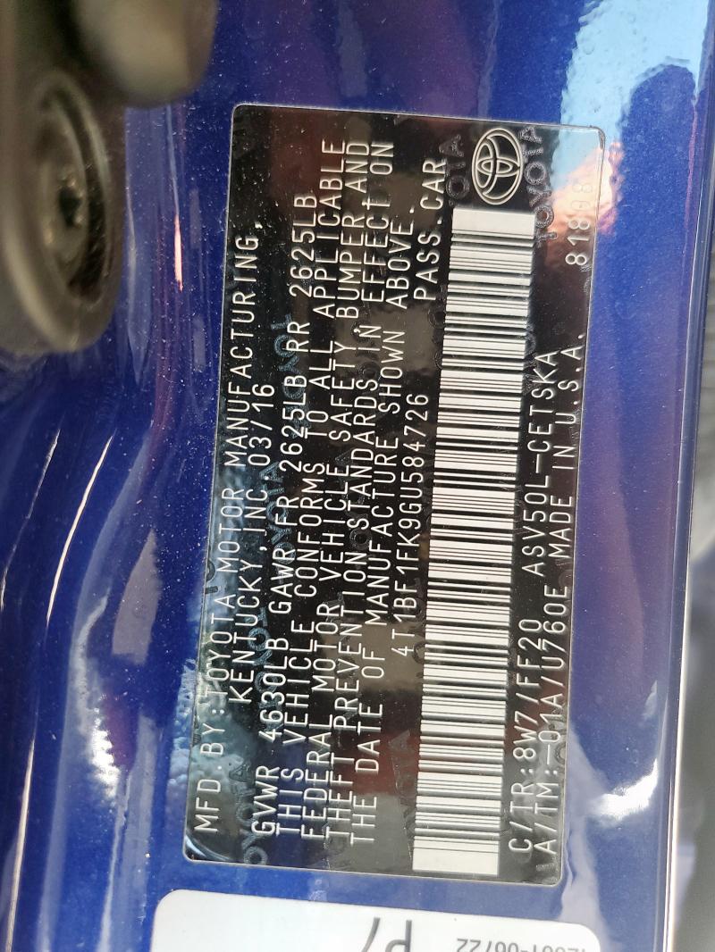 4T1BF1FK9GU584726 - 2016 TOYOTA CAMRY LE BLUE photo 12