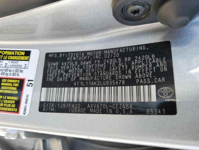4T1L11AK2LU935478 - 2020 TOYOTA CAMRY LE 银色 照片 12