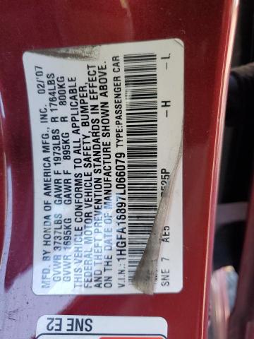 1HGFA16897L066079 - 2007 HONDA CIVIC EX BURGUNDY photo 12