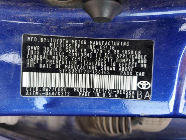 5YFBURHE2GP466465 - 2016 TOYOTA COROLLA L BLUE photo 12