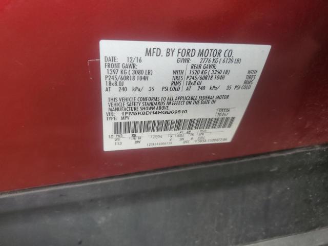 1FM5K8DH4HGB69810 - 2017 FORD EXPLORER XLT RED photo 13