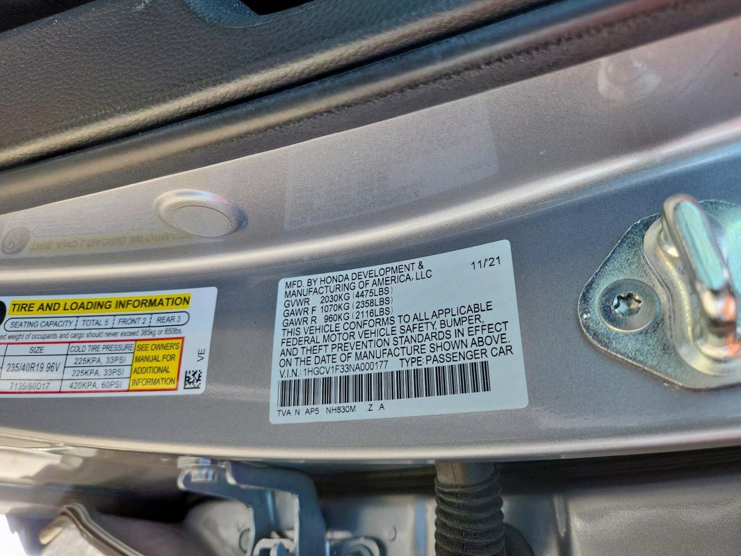 1HGCV1F33NA000177 - 2022 HONDA ACCORD SPORT SILVER photo 13