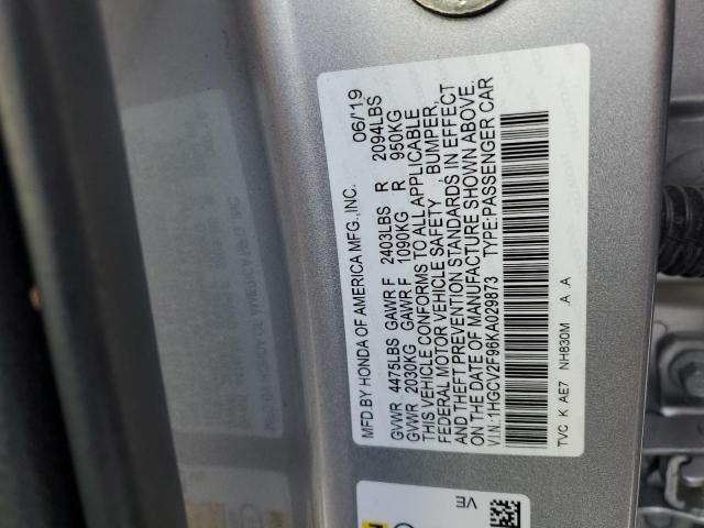 1HGCV2F96KA029873 - 2019 HONDA ACCORD TOURING SILVER photo 12