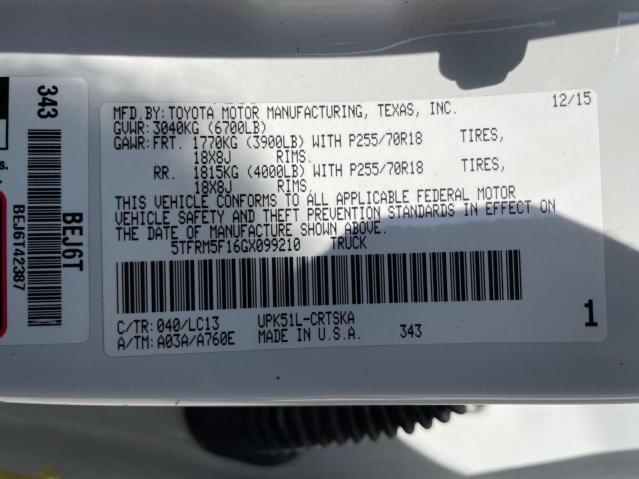 5TFRM5F16GX099210 - 2016 TOYOTA TUNDRA DOUBLE CAB SR/SR5 TWO TONE photo 10