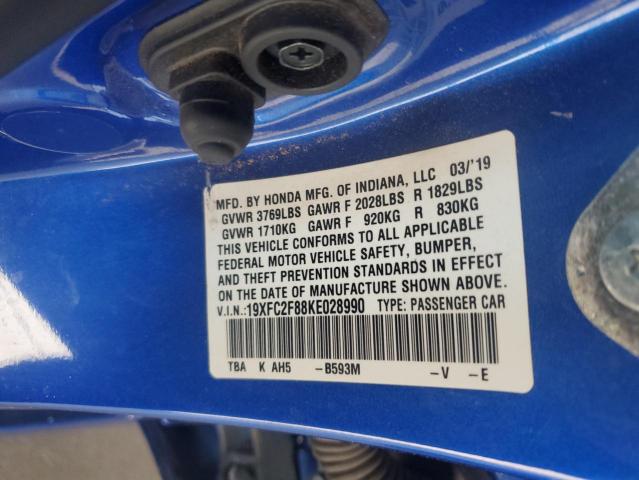 19XFC2F88KE028990 - 2019 HONDA CIVIC SPORT Mavi foto 12