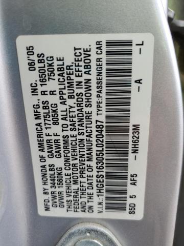 1HGES16305L020487 - 2005 HONDA CIVIC DX VP ვერცხლისფერი ფოტო 13