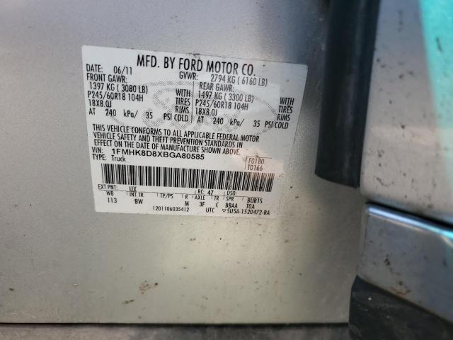 1FMHK8D8XBGA80585 - 2011 FORD EXPLORER XLT SILVER photo 12