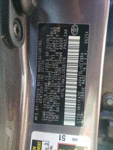 4T1L11AK2LU936176 - 2020 TOYOTA CAMRY LE BLACK photo 12