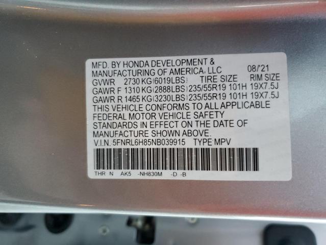 5FNRL6H85NB039915 - 2022 HONDA ODYSSEY TOURING SILVER photo 14