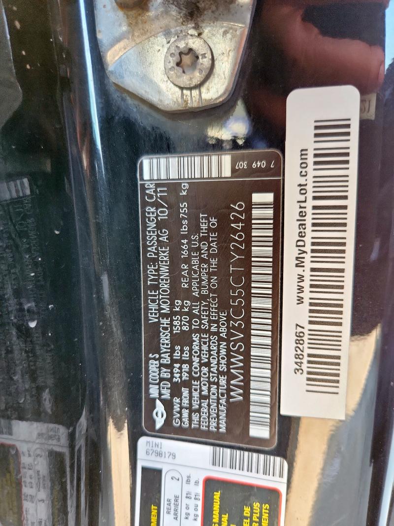 WMWSV3C55CTY26426 - 2012 MINI COOPER S BLACK photo 12