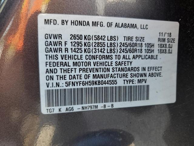 5FNYF6H59KB044555 - 2019 HONDA PILOT EXL GRAY photo 13