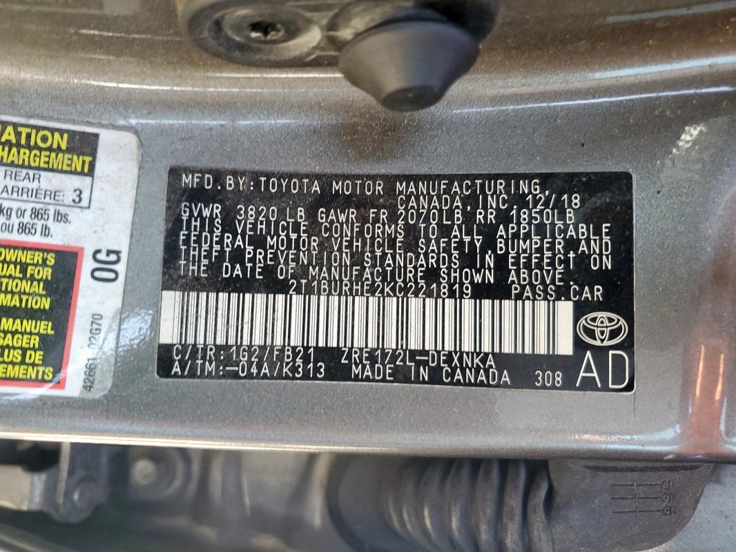 2T1BURHE2KC221819 - 2019 TOYOTA COROLLA L Gri fotoğraf 13