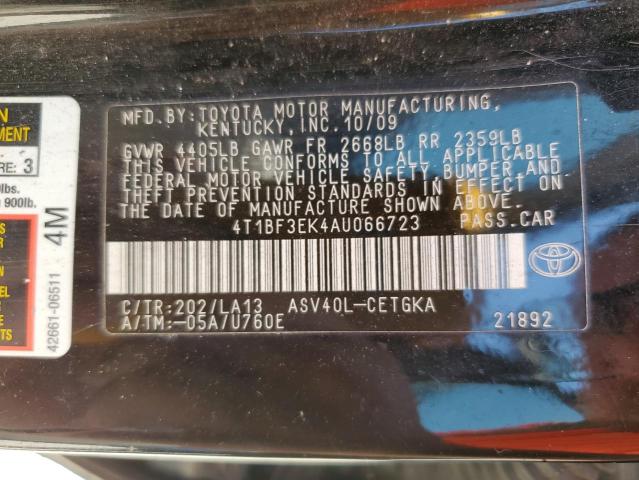 4T1BF3EK4AU066723 - 2010 TOYOTA CAMRY BASE BLACK photo 12