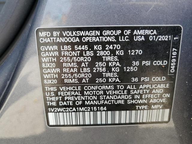 1V2WC2CA1MC215164 - 2021 VOLKSWAGEN ATLAS CROS SE Մոխրագույն լուսանկար 13