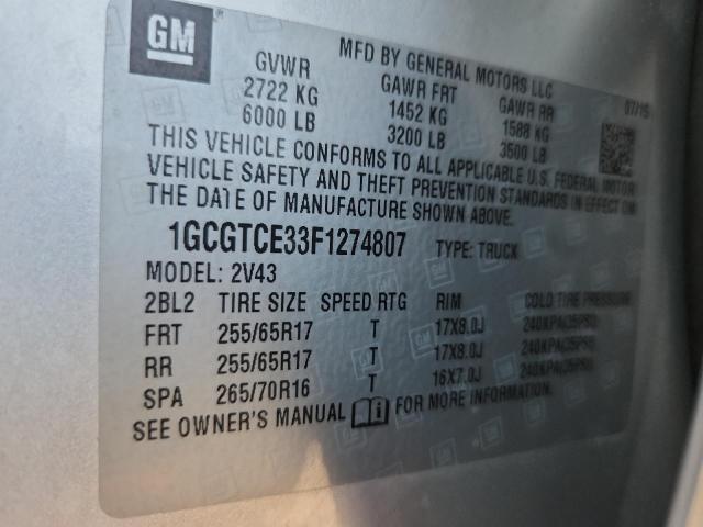 1GCGTCE33F1274807 - 2015 CHEVROLET COLORADO Z71 SILVER photo 12