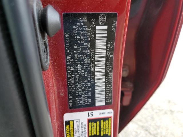 4T1B11HKXKU822541 - 2019 TOYOTA CAMRY L 红色 照片 12