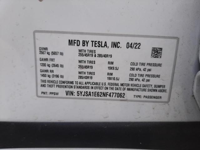 5YJSA1E62NF477062 - 2022 TESLA MODEL S Սպիտակ լուսանկար 12