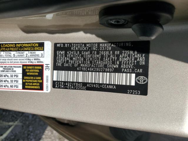 4T1BE46K29U279897 - 2009 TOYOTA CAMRY BASE თაფლისფერი ფოტო 12