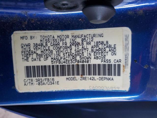 5YFBU4EE3CP040401 - 2012 TOYOTA COROLLA BASE Mavi foto 12