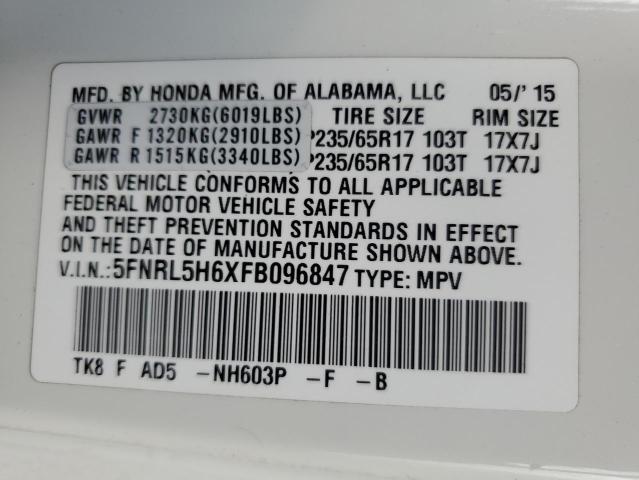 5FNRL5H6XFB096847 - 2015 HONDA ODYSSEY EXL WHITE photo 13