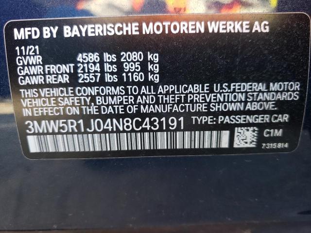 3MW5R1J04N8C43191 - 2022 BMW 330I BLUE photo 13