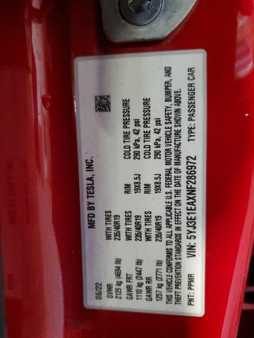 5YJ3E1EAXNF286972 - 2022 TESLA MODEL 3 RED photo 12