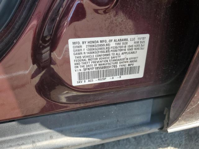 5FNYF18558B031765 - 2008 HONDA PILOT EXL MAROON photo 12