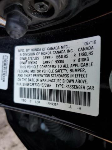 2HGFC2F73GH573967 - 2016 HONDA CIVIC EX BLACK photo 12