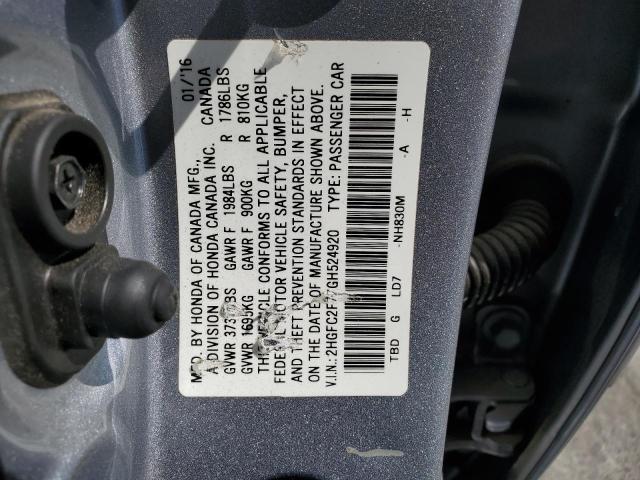 2HGFC2F77GH524920 - 2016 HONDA CIVIC EX SILVER photo 12