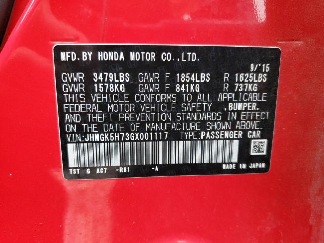 JHMGK5H73GX001117 - 2016 HONDA FIT EX RED photo 12