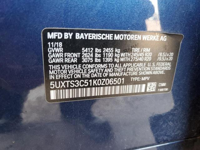 5UXTS3C51K0Z06501 - 2019 BMW X3 XDRIVEM40I BLUE photo 13