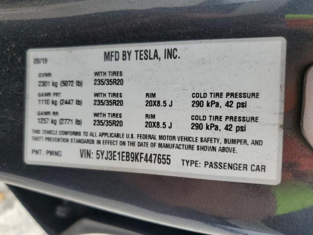 5YJ3E1EB9KF447655 - 2019 TESLA MODEL 3 CHARCOAL photo 12