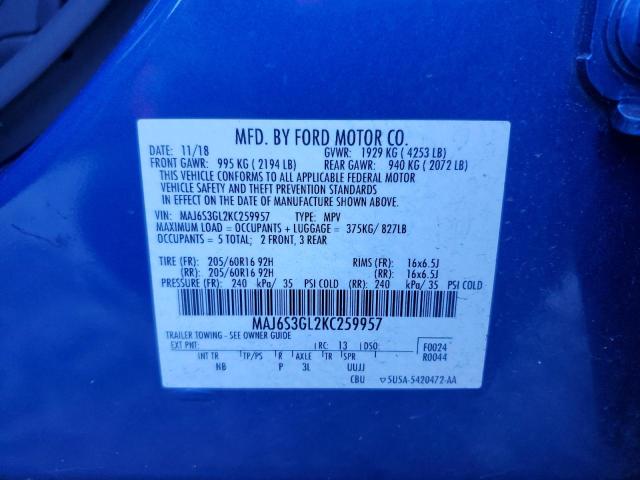 MAJ6S3GL2KC259957 - 2019 FORD ECOSPORT SE 蓝色 照片 13