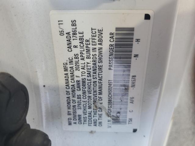 2HGFG3B85CH502451 - 2012 HONDA CIVIC EX თეთრი ფოტო 13