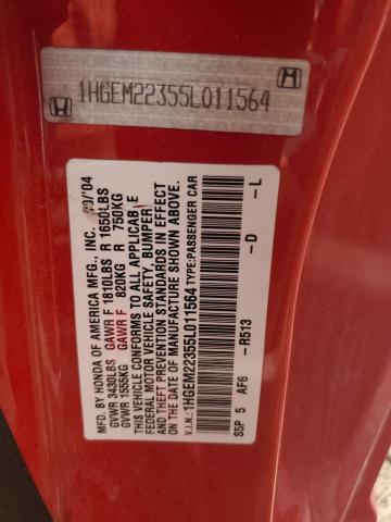 1HGEM22355L011564 - 2005 HONDA CIVIC DX VP წითელი ფოტო 12