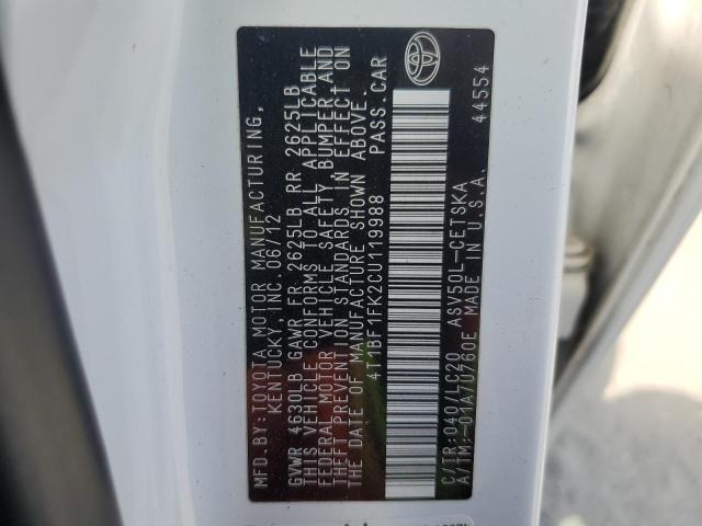 4T1BF1FK2CU119988 - 2012 TOYOTA CAMRY BASE Ақ фото 13