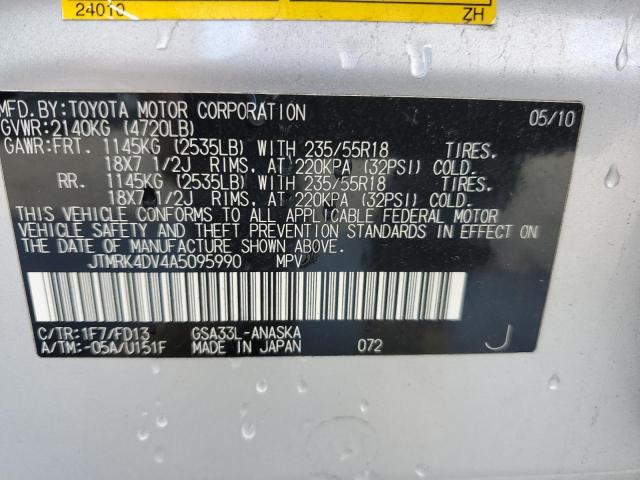 JTMRK4DV4A5095990 - 2010 TOYOTA RAV4 SPORT ვერცხლისფერი ფოტო 12