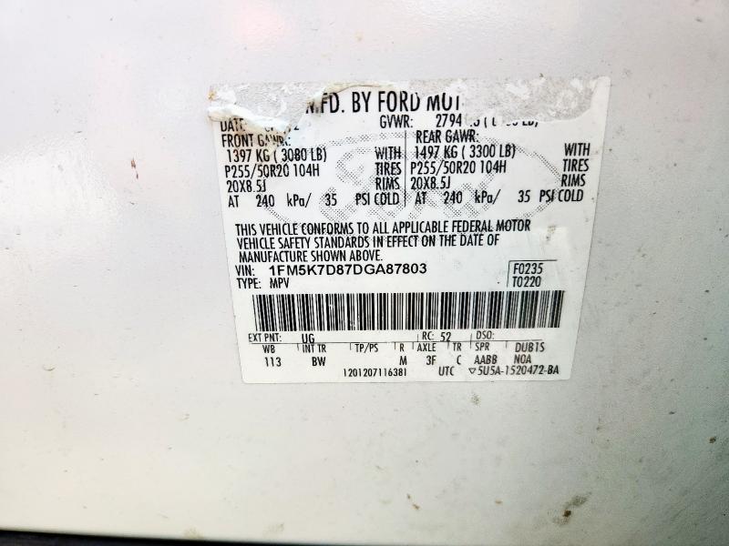 1FM5K7D87DGA87803 - 2013 FORD EXPLORER XLT თეთრი ფოტო 14