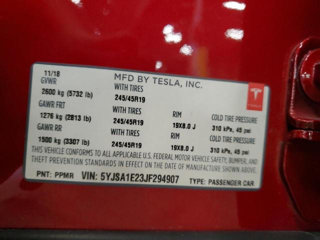 5YJSA1E23JF294907 - 2018 TESLA MODEL S RED photo 13
