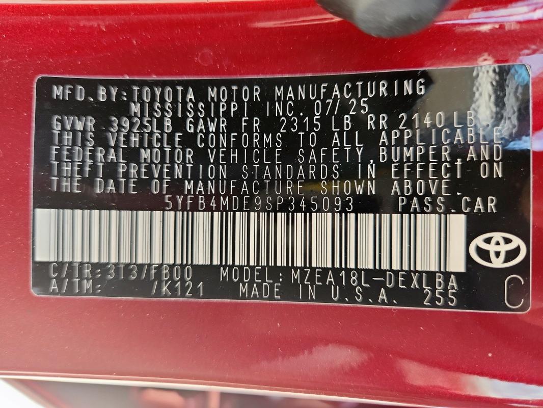 5YFB4MDE9SP345093 - 2025 TOYOTA COROLLA LE BURGUNDY photo 12