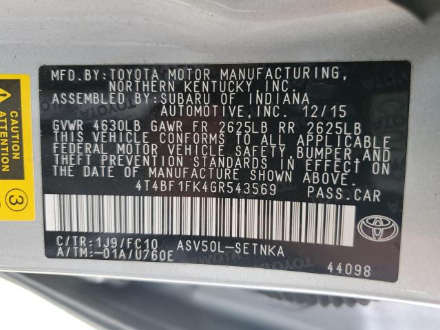 4T4BF1FK4GR543569 - 2016 TOYOTA CAMRY LE SILVER photo 12