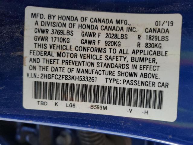 2HGFC2F83KH533261 - 2019 HONDA CIVIC SPORT Niebieski zdjęcie 12