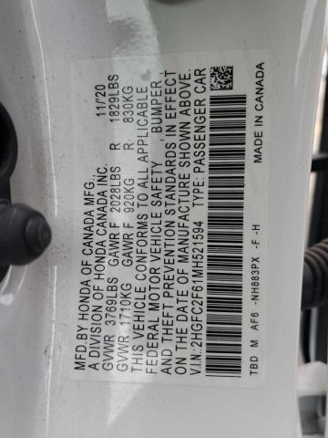 2HGFC2F61MH521594 - 2021 HONDA CIVIC LX WHITE photo 12