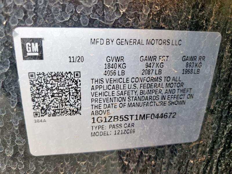 1G1ZB5ST1MF044672 - 2021 CHEVROLET MALIBU LS Siyah fotoğraf 12